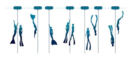 Vector illustration with set of free divers. Silhouette of couple freedivers and rope with buoy.のイラスト素材