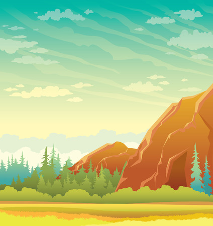 Summer green edge with mountains and forest on a cloudy sky. Cartoon wild nature. landscape.のイラスト素材