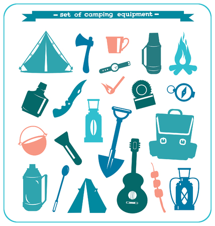 Set of camping equipment. Isolated silhouette of travel element on a white background.のイラスト素材