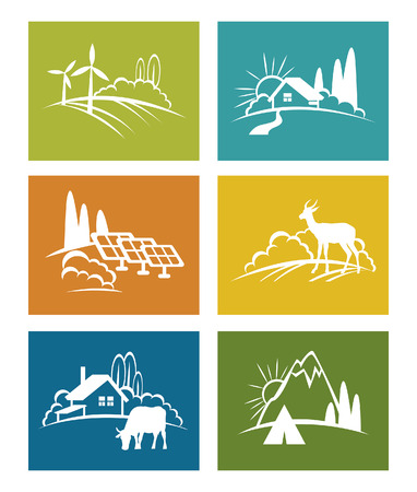 Collection of eco icons - green nature, adventure with travel tent, wild deer, farm with cow and solar panel.のイラスト素材