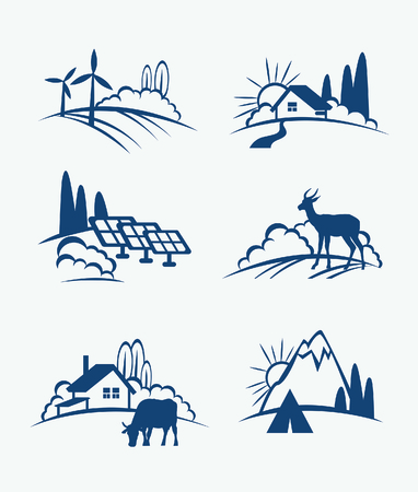 Collection of nature landscape. Illustration with line nature, travel tent, wild deer, farm with cow and solar panel.のイラスト素材