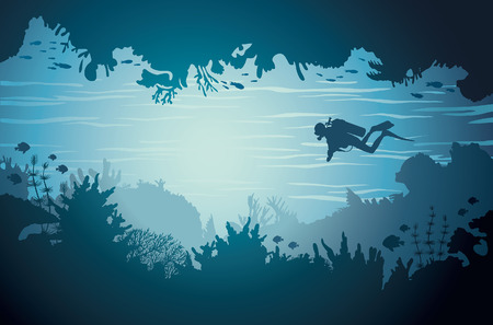 Silhouette of underwater sea cave with scuba diver and coral reef. Tropical vector illustration.のイラスト素材