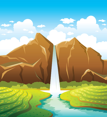 Cartoon waterfall with forest and calm river on a blue cloudy sky background. Summer landscape. Nature vector illustration.のイラスト素材