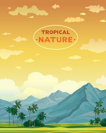 Tropical landscape with blue mountains and coconut palms on a sunset sky background. Natural vector illustration.のイラスト素材
