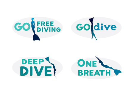 Icons set with silhouette of freedivers in monofins. Vector illustration with underwater sport logo. Go freediving, deep dive, one breath.のイラスト素材
