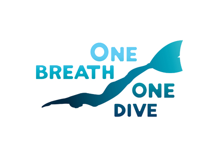Silhouette of freediver underwater with monofin. One breath - one dive. Vector illustration with sport logo.のイラスト素材