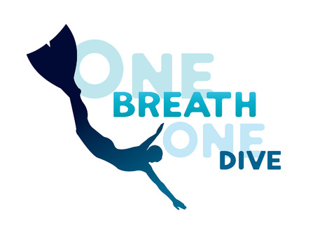 One breath, one dive. Silhouette of freediver in monofin on a white background. Vector illustration with underwater sport logo.のイラスト素材