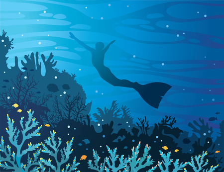 Blue coral reef with fishes and silhouette of freediver in monofin on a sea background. Underwater vector illustration. Water sport.のイラスト素材