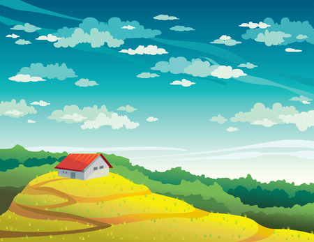 Summer landscape with house, yellow field and forest on a blue cloudy sky. Natural vector illustration.のイラスト素材