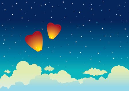 Cartoon red sky lanterns on a night starry background. Vector illustration.のイラスト素材