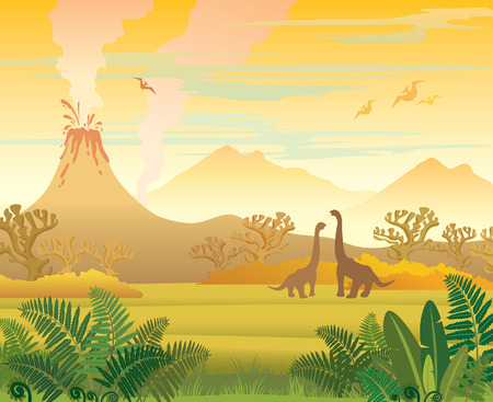 Prehistoric landscape - volcano with smoke, mountains, dinosaurs and fern. Vector natural illustration.のイラスト素材