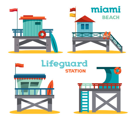 Vector set of cartoon lifeguard stations on a white background. Illustration of symbol Miami beach.のイラスト素材