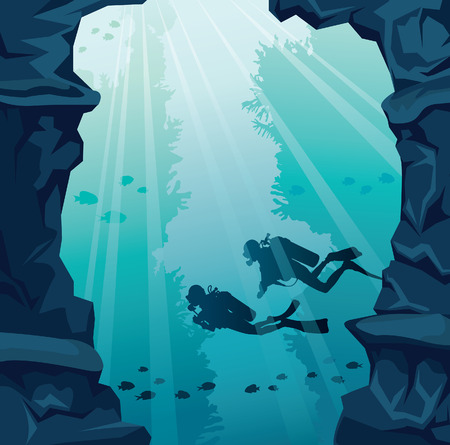 Silhouette of two scuba divers, stone cave and coral reef on a blue sea. Underwater vector illustration.  Marine life.のイラスト素材
