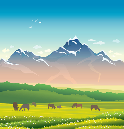 Summer landscape. Nature illustration with silhouette of cows, green grass, forest and mountains on a blue sky.のイラスト素材