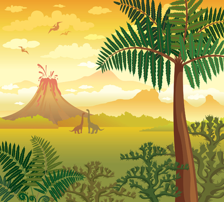 Prehistoric green plants, silhouette of dinosaurs and volcano with lava on a cloudy yellow sky. Vector landscape with extinct animals - diplodocus and pterodactyl.のイラスト素材