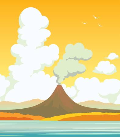 Autumn vector landscape. Natural illustration with active volcano, calm blue lake and cloudy sunset sky.のイラスト素材