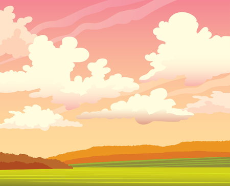 Green field with orange forest on a cloudy sunset sky. Autumn landscape. Vector nature illustration.のイラスト素材