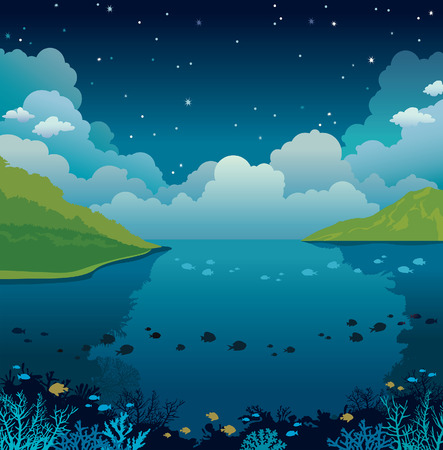 Underwater or sea with coral reef and green islands on a night cloudy blue sky. Natural vector illustration.のイラスト素材