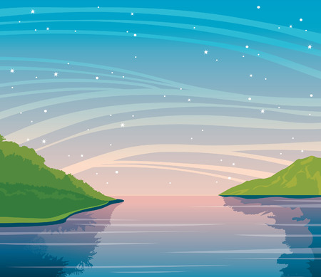 Natural summer illustration - calm blue sea, green islands and sunset starry sky.のイラスト素材