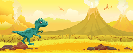Cartoon blue tyrannosaur, yellow grass, active volcanos and silhouette of pterodactyl on a sky. Prehistoric nature landscape. Vector illustration with dinosaurs.のイラスト素材