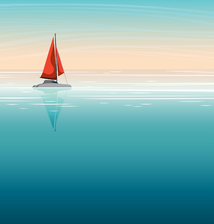 Summer nature - red sailboat and calm deep sea on a blue sky background. Vector illustration.のイラスト素材