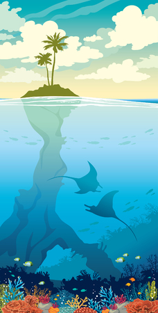 Cloudy sky and green island with palm tree in the ocean and underwater wildlife with coral reef, fishes and silhouette of mantas. Tropical sea natural vector illustration.のイラスト素材