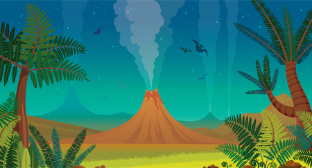 Prehistoric landscape with active volcanoes, green ferns, silhouette of pterodactyl and night blue sky. Vector nature illustration.のイラスト素材