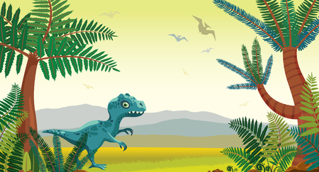 Prehistoric illustration with cartoon tyrannosaur, green ferns and trees, mountains and silhouette of pterodactyls. Vector nature landscape with dinosaurs.のイラスト素材