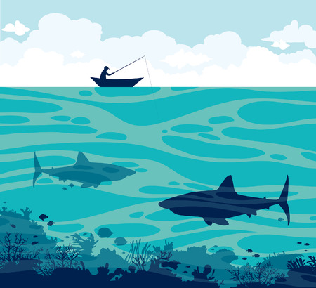 Vector tropical illustration with silhouette of angler above two big sharks and coral reef on a blue sea. Fisherman and tropical fish.のイラスト素材