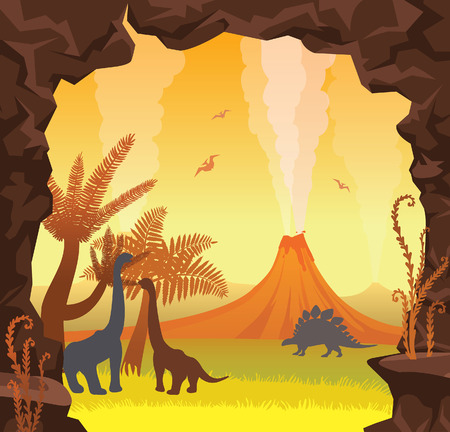 Prehistoric landscape with stone cave, silhouette of dinosaurs, active volcano, plants and grass on a sunset sky.
Vector illustration with extinct animals - pterodactyl, diplodocus and brontosaurus.のイラスト素材