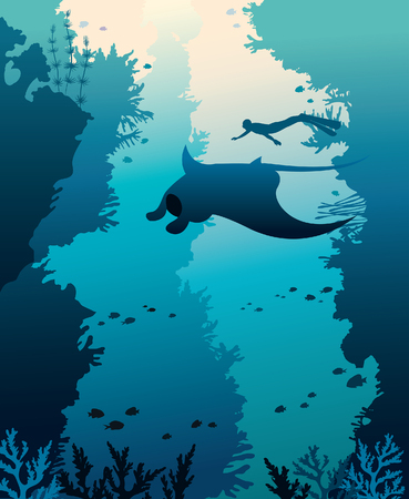Silhouette of manta, free diver and corals on a blue sea background. Vector illustration with marine life. Underwater seascape image..のイラスト素材
