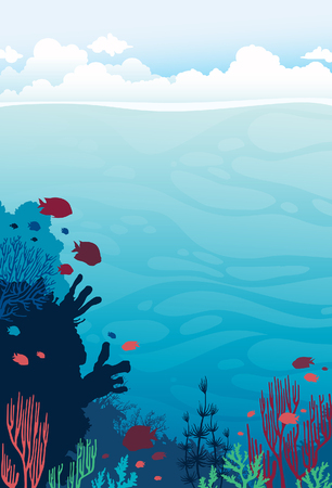 Beautiful coral reef with silhouette of fishes on a blue sea and cloudy sky. Vector underwater seascape illustration. Ocean wildlife.のイラスト素材