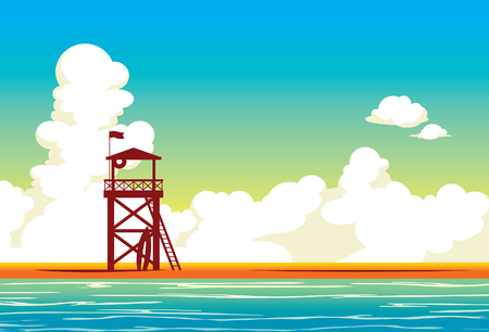 Lifeguard station on a beach and blue sea on a cloudy sky. Vector illustration with summer landscape.のイラスト素材