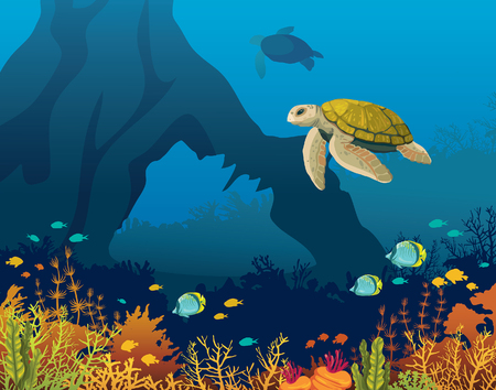 Yellow turtle and coral reef with fishes and underwater arch on a blue sea. Underwater marine life. Vector illustration.のイラスト素材