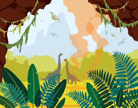 Prehistoric nature. Cartoon landscape with green plants, cave, silhouette of dinosaurs and active gayser. Vector illustration with extinct animals. のイラスト素材