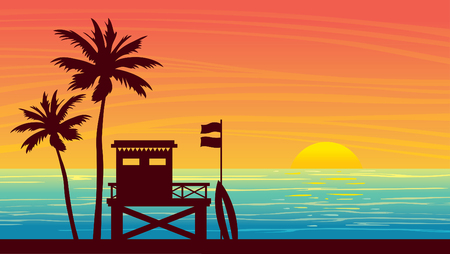 Nature landscape with silhouette of lifeguard station and palm tree on a sunset sky. Vector summer illustration.のイラスト素材