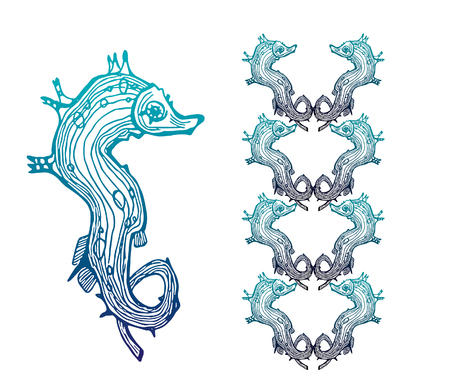 Vector illustration with graphic seahorse and ornamental pattern with seahorses on a white background. Sea animal.のイラスト素材