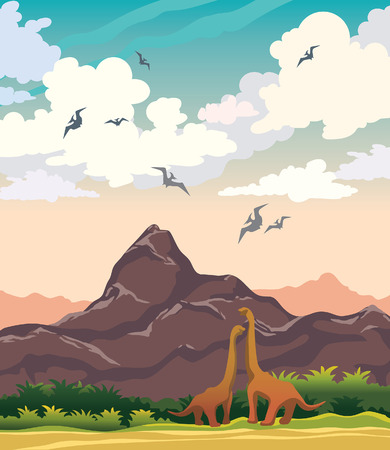 Dinosaurs, mountains and prehistoric plants on a blue cloudy sky background. nature landscape with extinct animals - pterodactyl and diplodocus.のイラスト素材