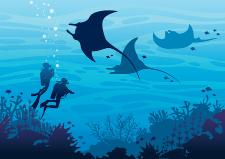 Silhouette of two scuba divers and three mantas swimming near the coral reef and fishes on a blue sea ocean. Underwater tropical marine wildlife. Vector sea illustration. Water sport.のイラスト素材