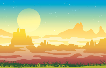 nature landscape with green grass, fog and silhouette of mountains on a night sky with full yellow moon and stars. Wild summer image.のイラスト素材