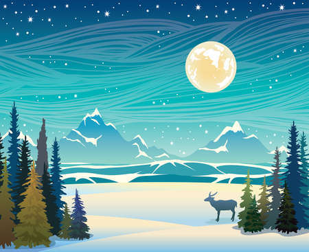 Winter night landscape. Winter image with green forest, silhouette of deer and mountains with snow on night starry sky. Vector wild nature illustration.のイラスト素材