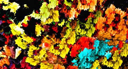 Computer graphics of abstract floral psychedelic background stylization of colored chaotic stickers in the form of leaves.の写真素材