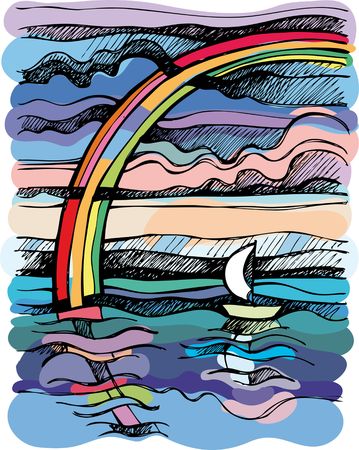 Sea landscape. Travel by a boat. A vector illustration.の写真素材
