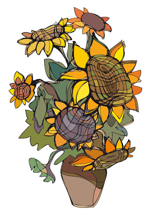 Bouquet of sunflowers in a vase. Harmonious, reserved colours.のイラスト素材