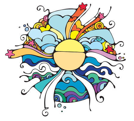 Dispersing beams from a circle. The stylised sky, the sun and stars.のイラスト素材