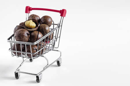 sweet macadamia nut in a metal basket on a light background of kopi space