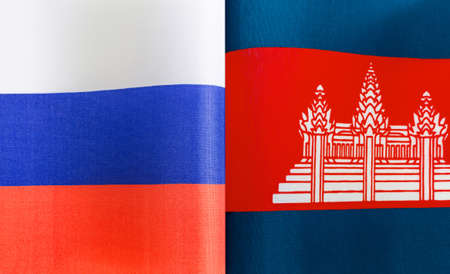 fragments of the national flags of Russia and the Kingdom of Cambodia close-up