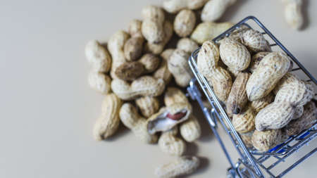 peanuts in a metal basket and scattered peanuts in a shell on a light brown backgroundの写真素材