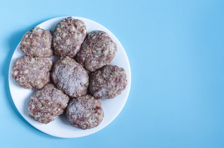 Homemade minced meat cutlets on a white plate. Home cooking made of meat on a colored backgroundの写真素材