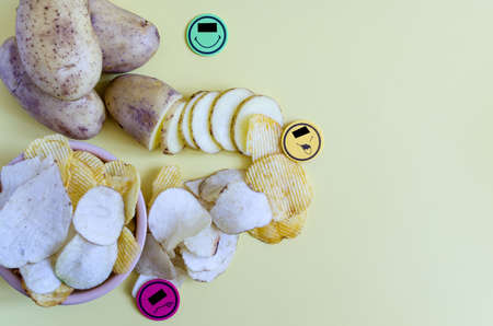 The concept of turning potatoes into chips in a negative way. Potatoes, a slice of potato and fluted...
